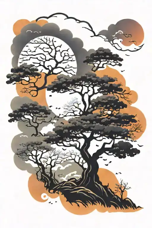 Autumn Trees Colors Sunset Scene With Smoke And Space For Letters