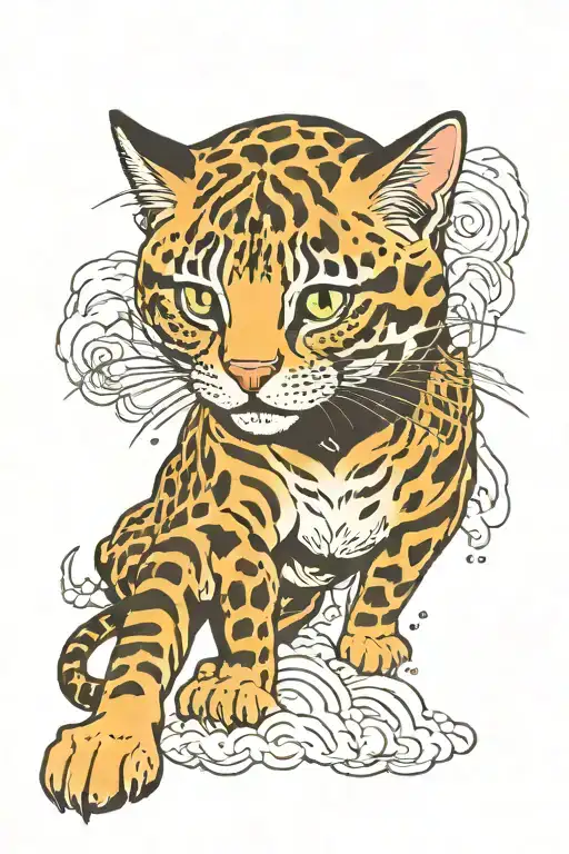 Ocelot Cat Whole Body In Motion With Smoke Coming Out Of It's Eyes