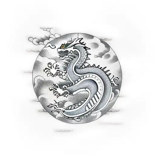 Taiwanase Dragon Around Compass With Clouds And Chinese Letters In Background