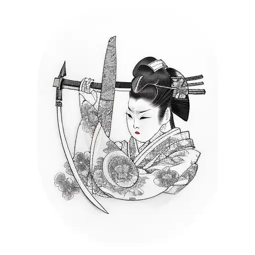 Japanese Geisha Black Hair Katana Sword White Kimono