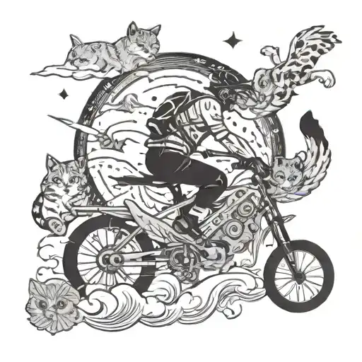 A Mountain Biker Riding Through A Cosmic Landscape Filled With Cats Floating In Space