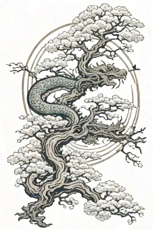 Japanese Tree With Crescent Moon And Japanese Dragon
