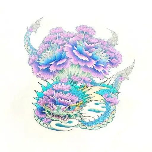 Dragon With Carnations And Asters