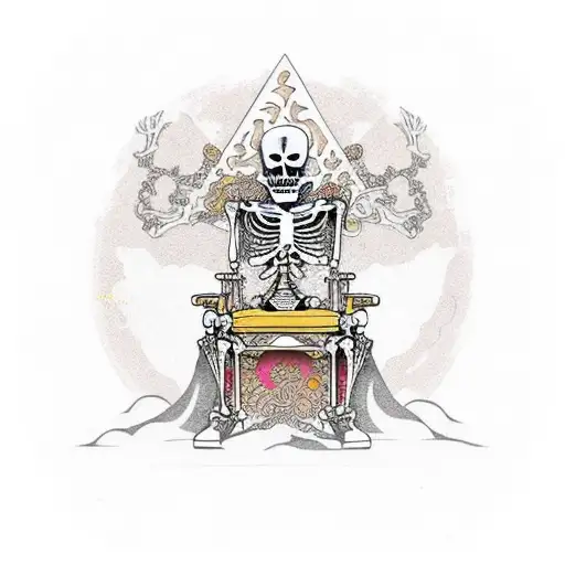 Skeleton Sitting On Throne Surrounded By Gold And Treasure