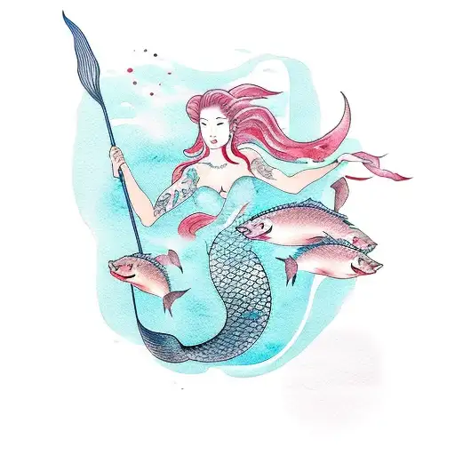 A Graceful Mermaid Swimming With A School Of Catfish In A Japanese-inspired Watercolor Style