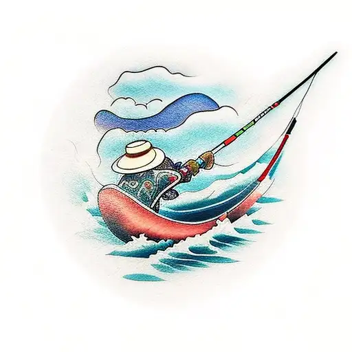 A Mystical Tattoo Of A Fisherman Casting A Line Into A Serene Lake