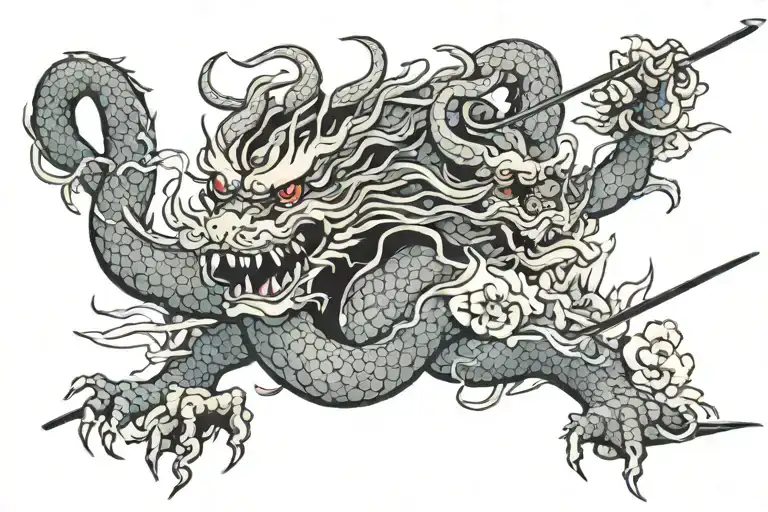 Chinese Dragon With Lycoris Flower And Katana