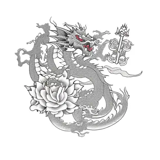 Dragon With Roses And A Sword