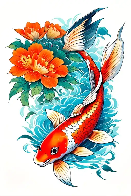 Koi Fish And Flowers