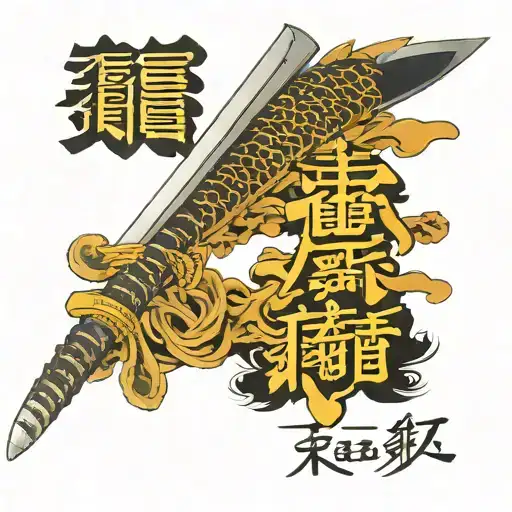 A Katana With A Note That Says The Word Discipline In Kanji Characters