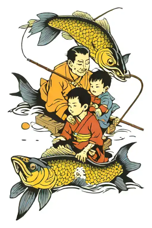 A Father And A Son Fishing Togeter