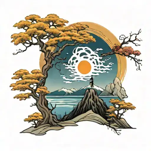 Samari Standing Alone After Battle Under A Full Moon Next To Mount Fuji