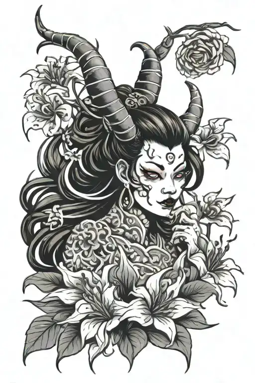Blackwork Tattoo Female Oni Demon With Spider Lily Flowers