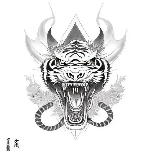 Asian Dragon Flying In Sky With Tiger Faving It On A Mountain