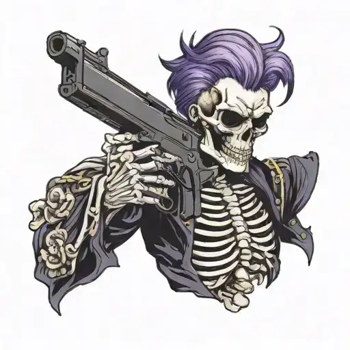 Skeleton With Purple Hair Holding Firearm Standing