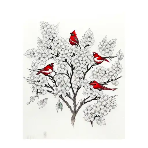 White Dogwood Flowers With Red Cardinal