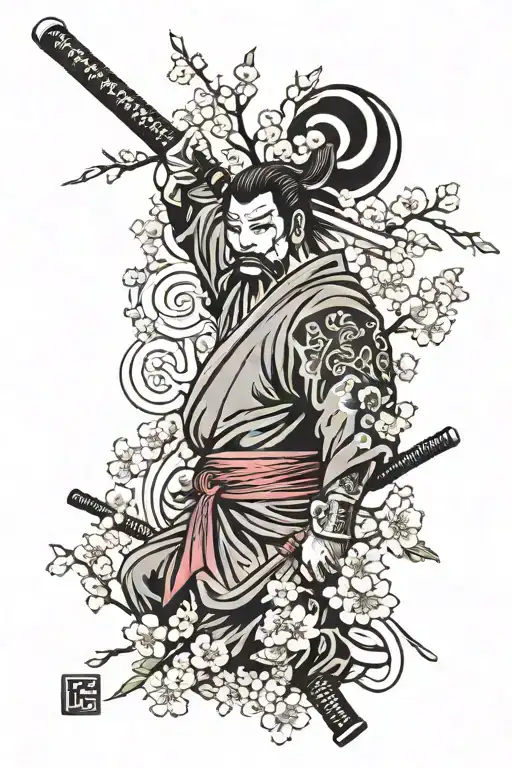 Japanese Cherry Blossom Tree With Katana And A Japanese God Mask