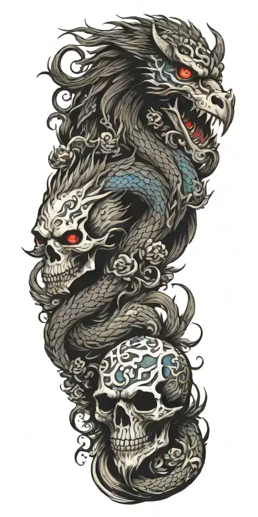 Chinese Dragon And Phoenix And Skull And Moon And Raven