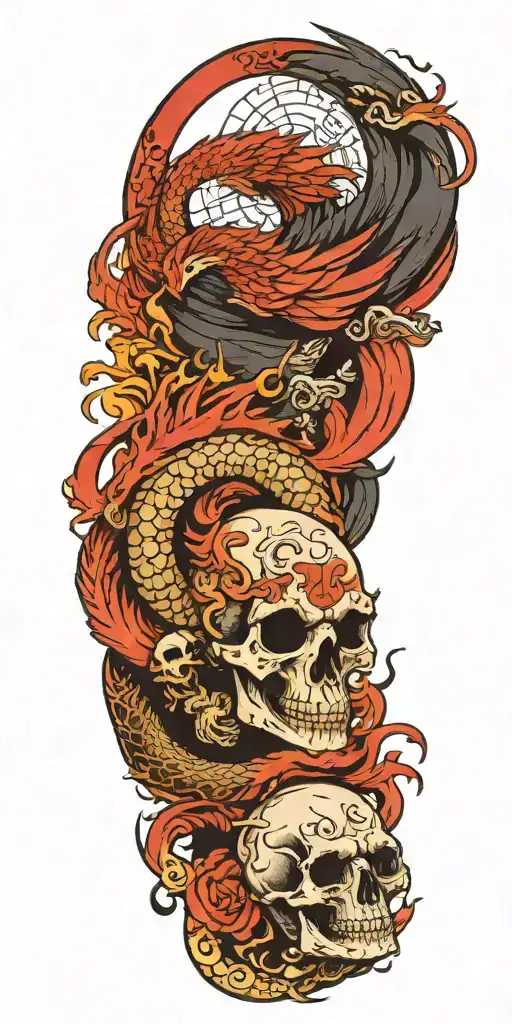 Dragon And Phoenix And Skull And Moon And Raven