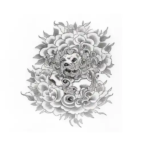 Foo Dog With Flowers And Human Hand