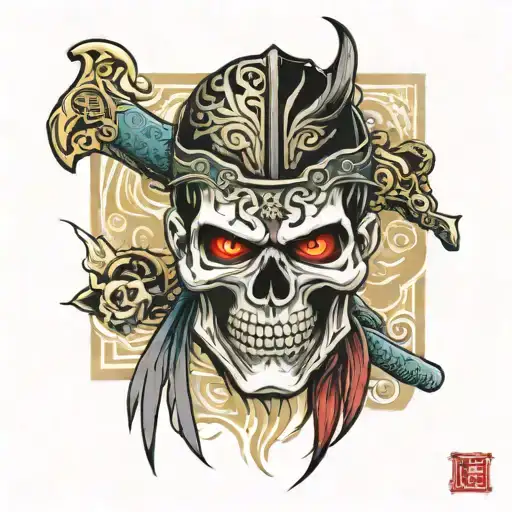 Muay Thai Skull Warrior With A Japanese Mask And Cross Motif