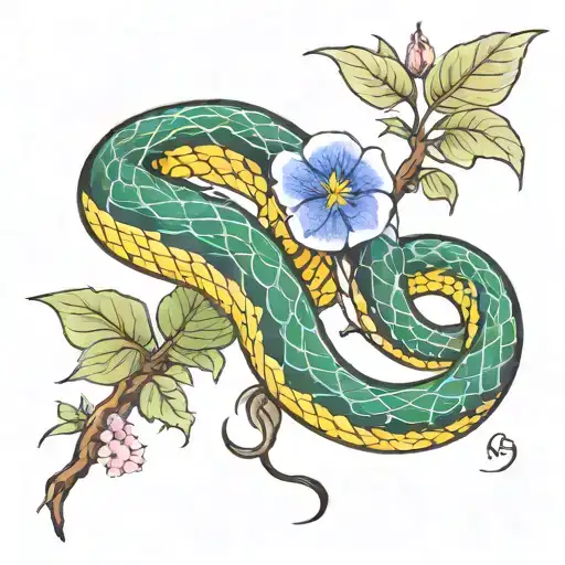 Snake With Morning Glory Vine And Flowers