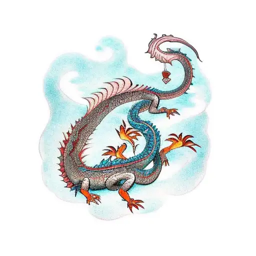 Japanese Water Dragon With Samurai And Wave