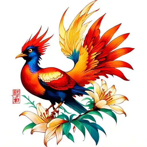 Lily Flower With A Pheonix Bird