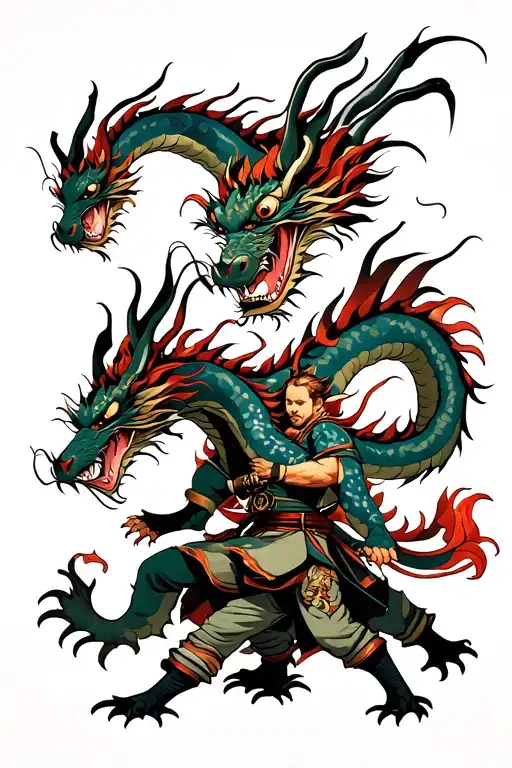 Dragon Fighting Two Soldiers
