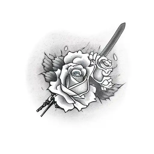 Katana With Roses And A Drop Of Blood On It