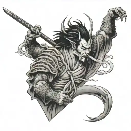 Dragon Sleeve Tattoo Featuring Samurai Standing With Background