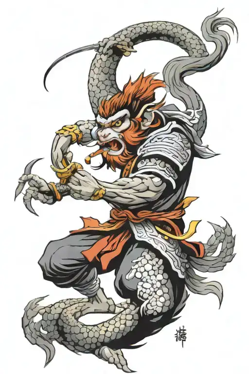 A Modern Interpretation Of The Monkey King Battling A Dragon In A Traditional Japanese Style