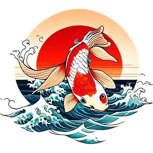 Koi Fish With Japanese Waves And A Rising Sun