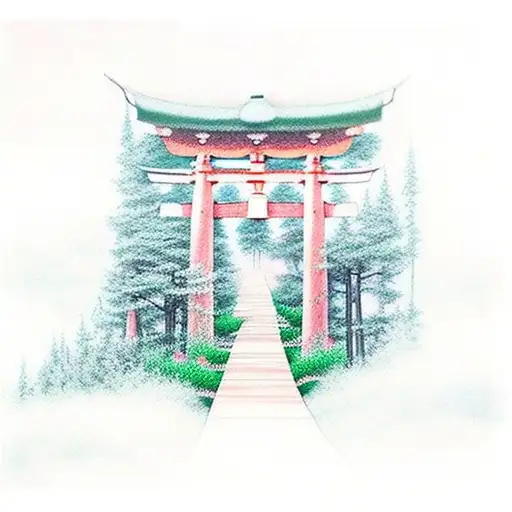 Torii Gate In A Serene Green Forest At Twillight