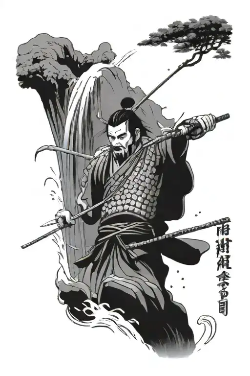 Samurai Warrior Under A Waterfall And Pagoda At The Top