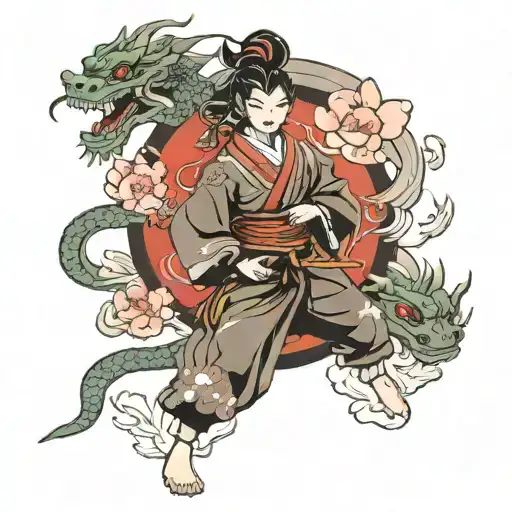 Samurai Girl In Hand With A Chinese Dragon With Sakura
