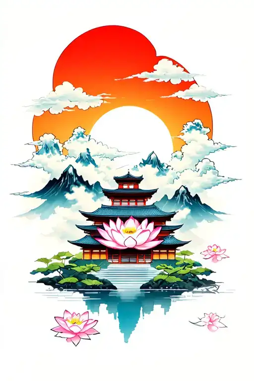Japanese Temple Nestled In Clouds On A Mountain Side Lotus Flower Under A Japanese Rising Sun