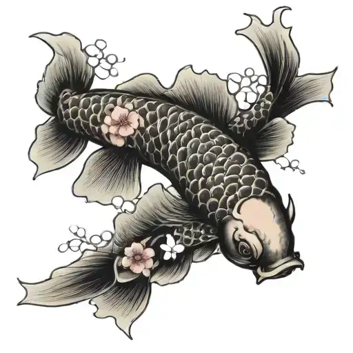 Koi Fish And Cherry Blossom Tree