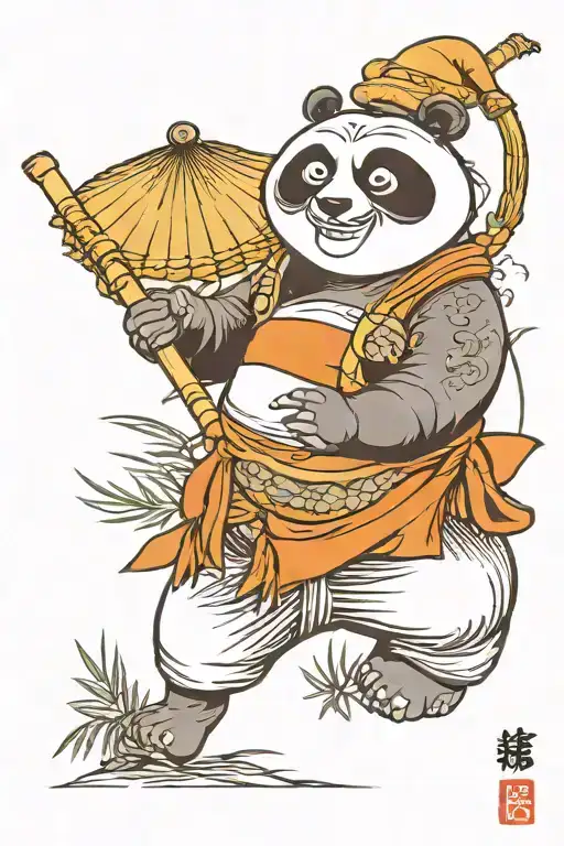 Kung Fu Panda Staning On A Bamboo Cane With Asian Hat On