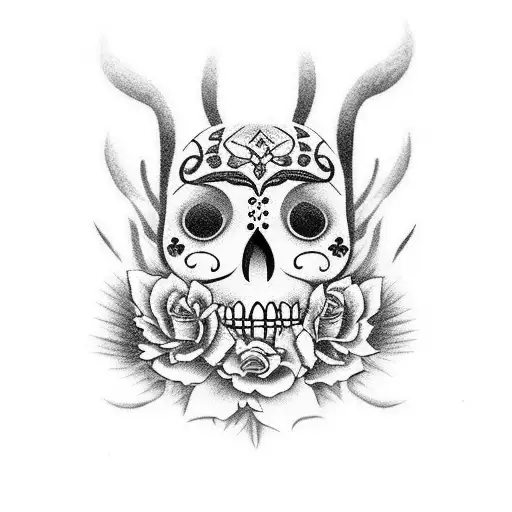 A Stylized Black And Grey Portrait Of A Saguaro Cactus With Dia De Los Muertos Face Paint