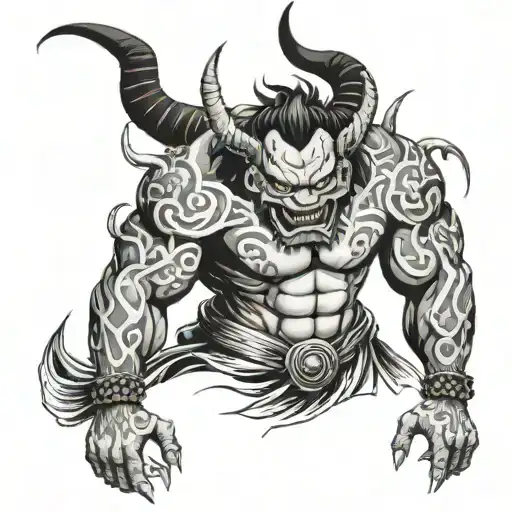 Sketch Style Tattoo Of Oni Demon On His Back And Went Down His Arms And Stops At His Pecs
