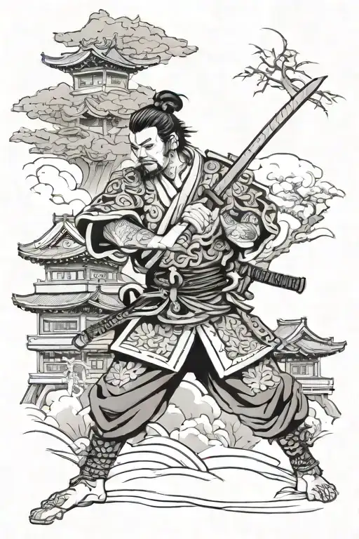 Japanese Buildings With A Warrior Wielding A Sword