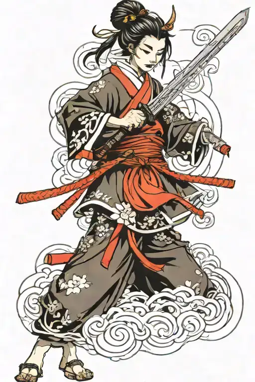 Samurai Girl Holding A Sword Full Sleeve Tattoo Design