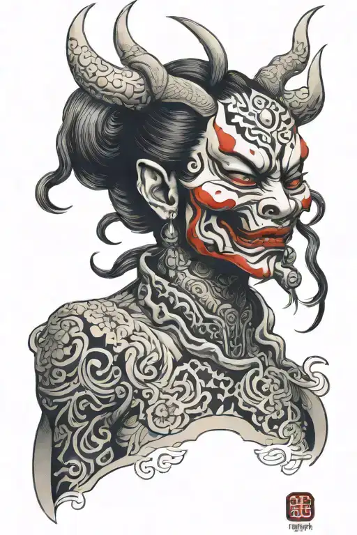 Female Body In Oni Mask Japanese Style