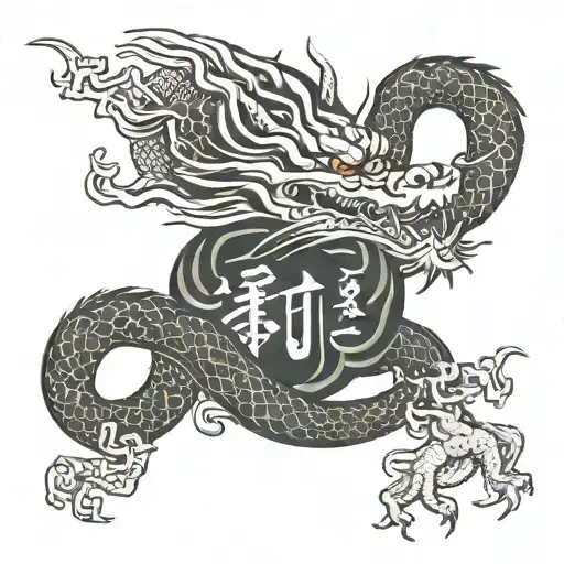 A Chinese Dragon Writhing Around Hieroglyphs Of Strength And Luck