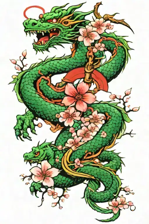 Green Dragon With Cherry Blossom Tree
