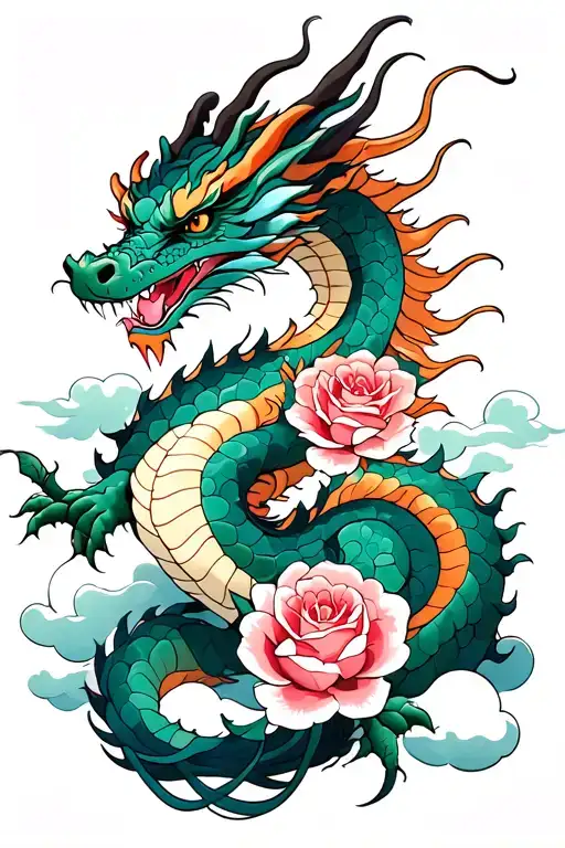 A Dragon And Roses And Clouds