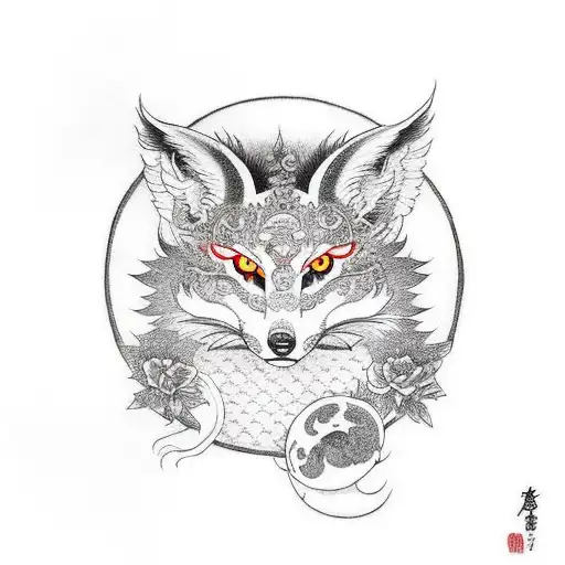 Full Body Kitsune With Red Moon