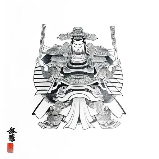 Samurai With Two Pwonies In The Background