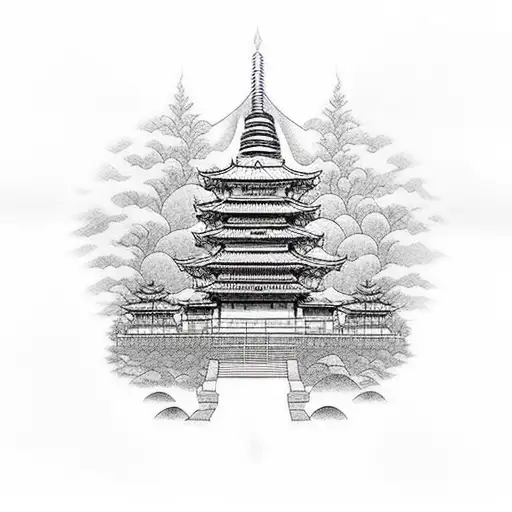 Buddha Temple With Tree Branches And A Path For Half Sleve